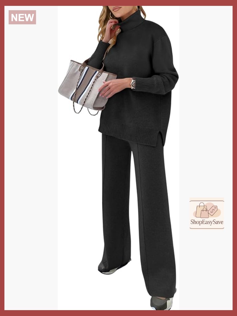 Turtleneck Sweater Set Wide Leg Pants Cozy Knit Loungewear Loose Fit